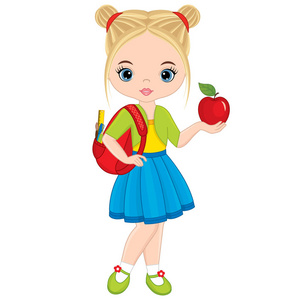 矢量可爱的小女孩，书包和苹果