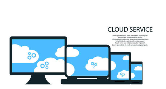 现代云服务和云计算元素概念。设备连接到与齿轮云。平的插图