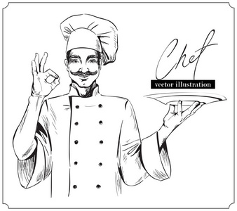 微笑和快乐厨师与板。矢量手白色背景上的绘制的插图