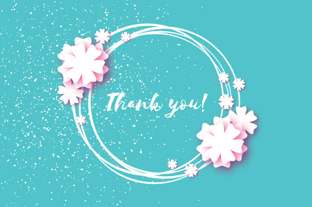 谢谢你,可爱剪纸卡.折纸花的蓝色背景.文本的方框.矢量照片