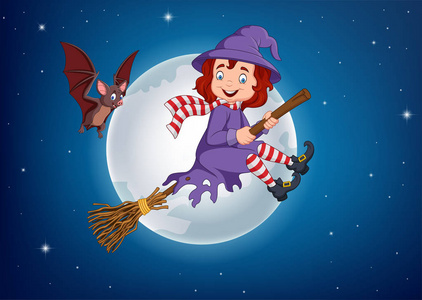 卡通飞行使用的女巫的扫帚