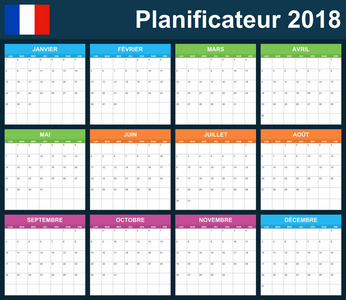 法国计划 2018 空白。调度程序 议程或日记模板。周从星期一开始