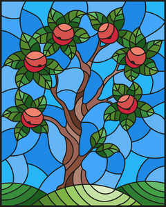 在树上的苹果，独自站在一座山上，对着天空的彩色玻璃风格的插图