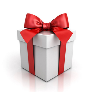 礼品盒或红丝带的礼物箱鞠躬孤立在白色的背景阴影和反射。3d 渲染