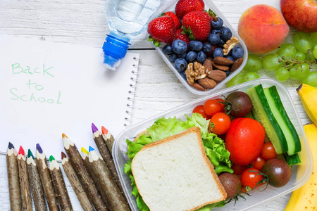 学校午餐饭盒与三明治 水果 蔬菜和瓶水用彩色铅笔和回学校题词