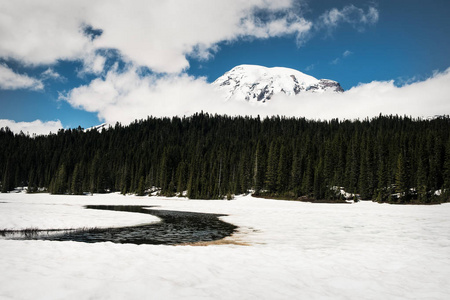 雷尼尔山从六月份的积雪反射湖图片