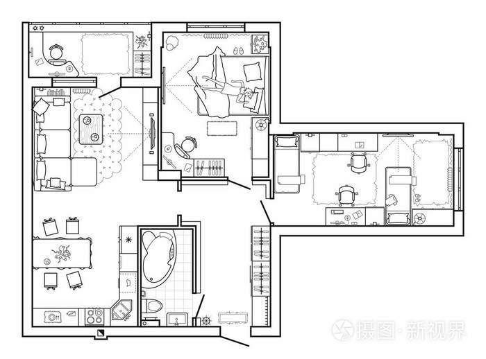 平面布置图与俯视图的家具.建筑套家具细线图标.