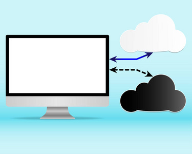 计算机显示空白白色的屏幕。连接到乌云和白色的云朵与箭头。风险云计算概念