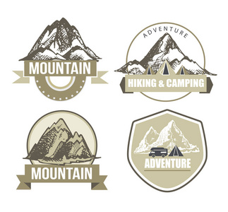 旅游组织 户外活动和露营休闲露营和户外活动标志。旅游 徒步旅行 露营标签。手绘山