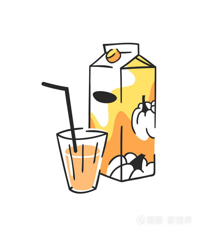 手工绘制的夏季集果汁包装和玻璃.矢量插画南瓜饮料