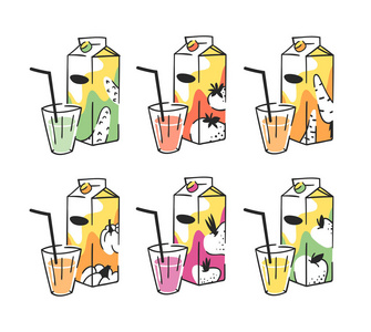 手工绘制的夏季集果汁包装和玻璃。矢量插画饮品