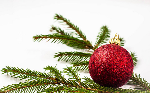 玻璃球孤立在白色背景上的圣诞树枝
