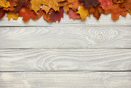 木制背景与秋天的树叶