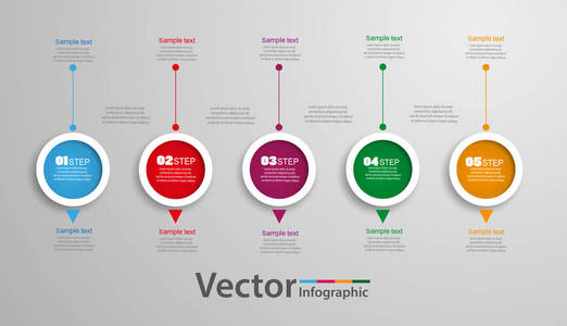 五个步骤图表用彩色圆圈。可以用于工作流布局 图 业务步骤选项 横幅 网页设计。矢量 Eps 10