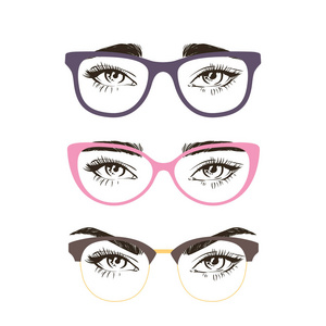 3 基本眉毛的形状和类型的眼镜。矢量图。时尚女性眉毛