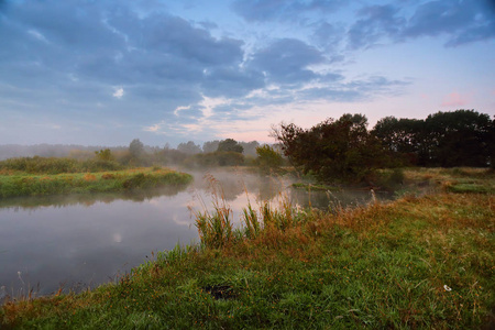 河上有雾的早晨。黎明在河岸上