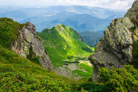 景观，旅游，旅游。绿色的山，树，草。水平框架