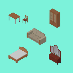 等距设计方案集的椅子，沙发，床架和其他矢量对象。此外包括餐具柜 床架 碗橱里的元素