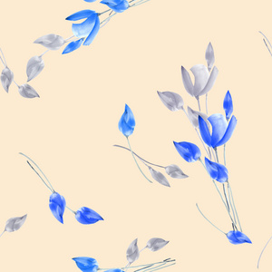 无缝的郁金香与浅米色背景上的蓝色和灰色花的图案。水彩
