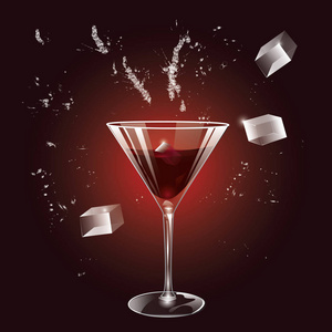 一杯红酒 冰 喷雾现实上深红色背景艺术创意现代矢量图