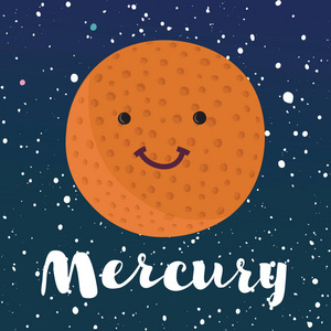 矢量图水星在复古平卡通风格.教育儿童房间的海报.