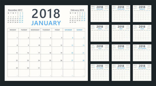 周一，矢量日历设计 2018 年开始 2018年的日历策划师