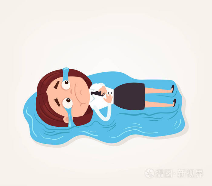 哭着躺在地板上的女人办公室工人商人性格.矢量平面卡通插画