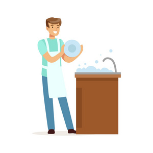 铁海绵微笑的人洗碗在厨房里的年轻人,房子丈夫在家里工作矢量图照片