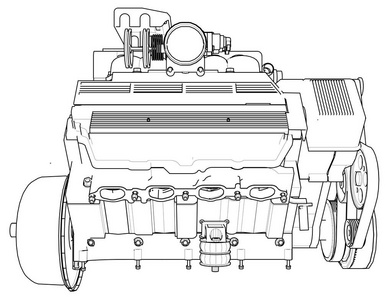 强大的汽车引擎。在白色背景上的黑色线条画是发动机