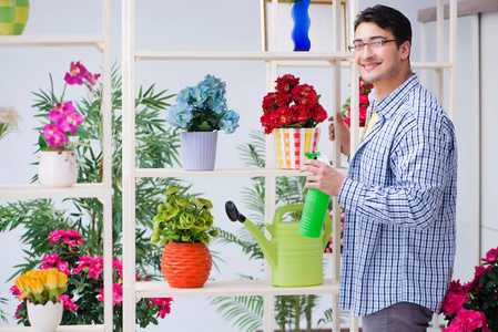 在一家花店与房子植物工作的园丁花店