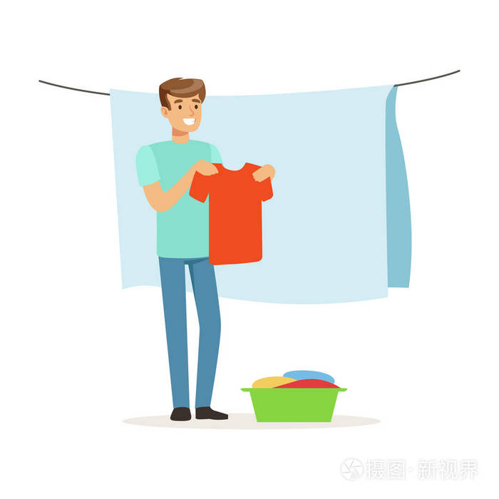 微笑湿的衣服晾到干,家的男人年轻丈夫在家里工作矢量图插画-正版商用
