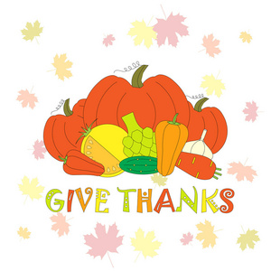排版平面设计横幅感恩感恩节与蔬菜和枫叶上淡蓝色的股票矢量图