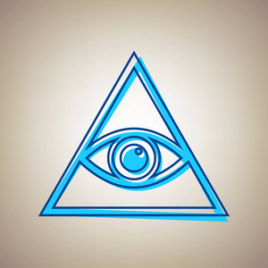 所有看见的眼睛金字塔符号。共济会和精神。矢量。天空的蓝色图标与缺陷的蓝色轮廓，米色背景