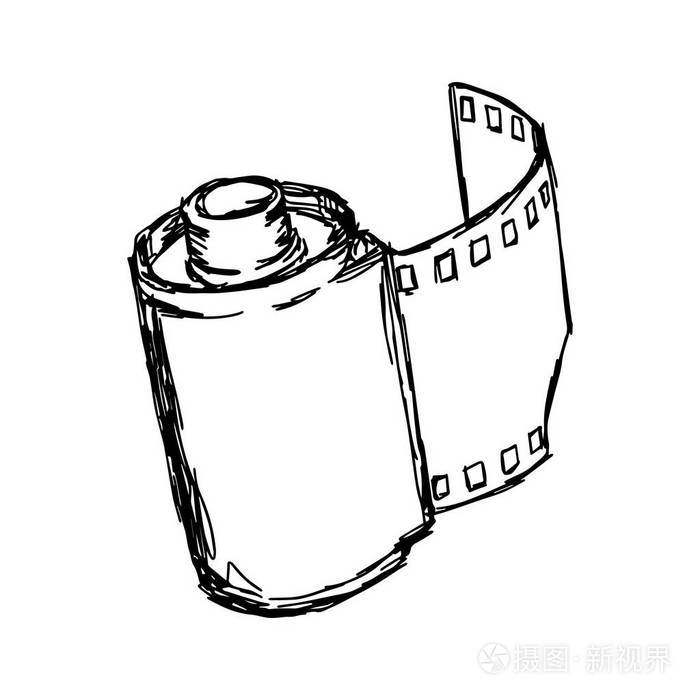 用孤立的白色背景上的黑色线条绘制的相机辊矢量图素描手插画-正版