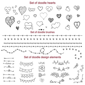 设置的涂鸦元素 矢量素描 涂鸦心 刷 边框 文本分隔线 标志 角落