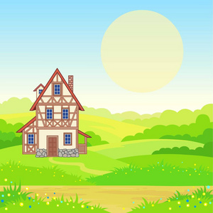 动画背景 — — 古老的房子,一朵朵的草甸.文本的地方.矢量图照片