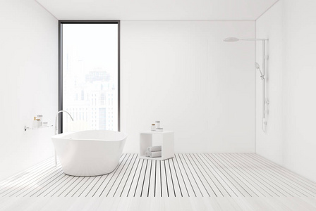白色木地板浴室和淋浴间