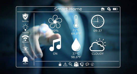 使用智能家居数字接口 3d 渲染的商人