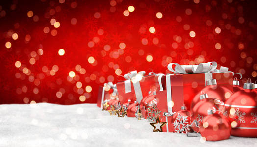 红色和白色圣诞礼品和排队 3d 渲染的小玩意