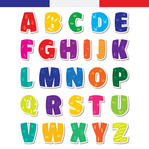 可爱有趣的幼稚法国字母表。矢量字体图
