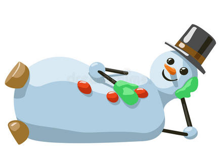 带帽子和手套的雪人躺着的插图