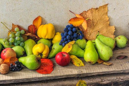 秋天的静物，木质底座上有水果和树叶