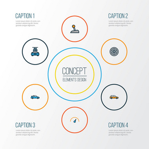汽车多彩大纲图标设置。洗涤 速度 驱动器和其他元素的集合。此外包括计数器，旅行车，自动符号