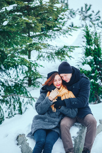 微笑对夫妇一起在白雪皑皑的树林里散步
