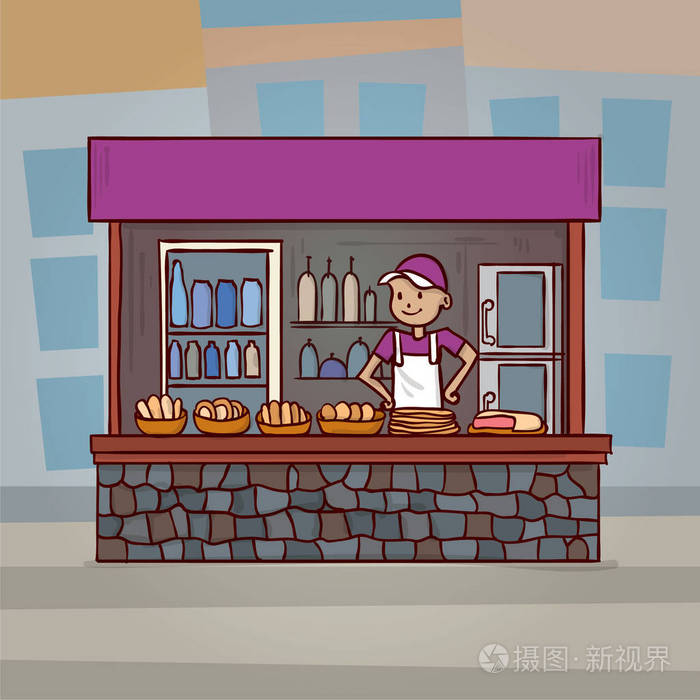 街头的食品店,与卖方.手工绘制的矢量图