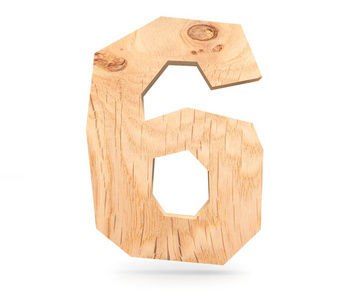装饰的木制字母数字六符号6。3d 渲染图。白色背景上孤立