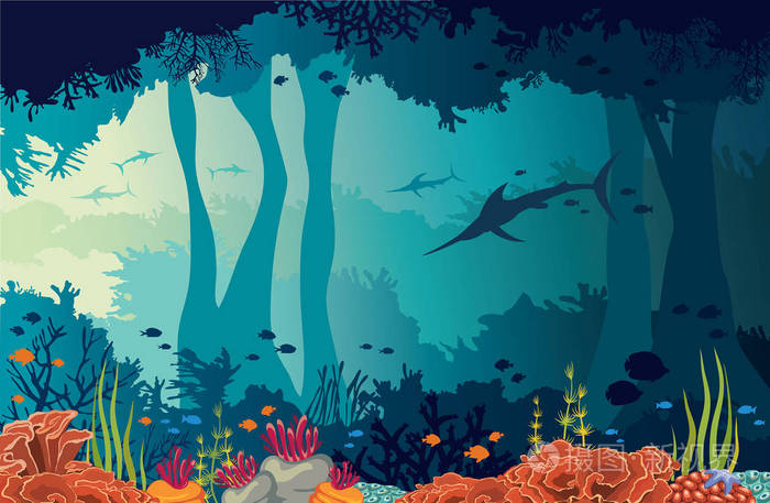 珊瑚礁, 马林鱼, 水下洞穴, 海插画-正版商用图片0udcyg-摄图新视界