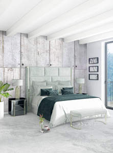 白色卧室最小风格室内设计，木墙和灰色的沙发。3d 渲染
