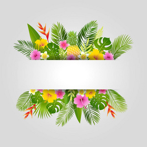 热带夏季设计与棕榈叶 热带植物 花朵和菠萝。矢量图