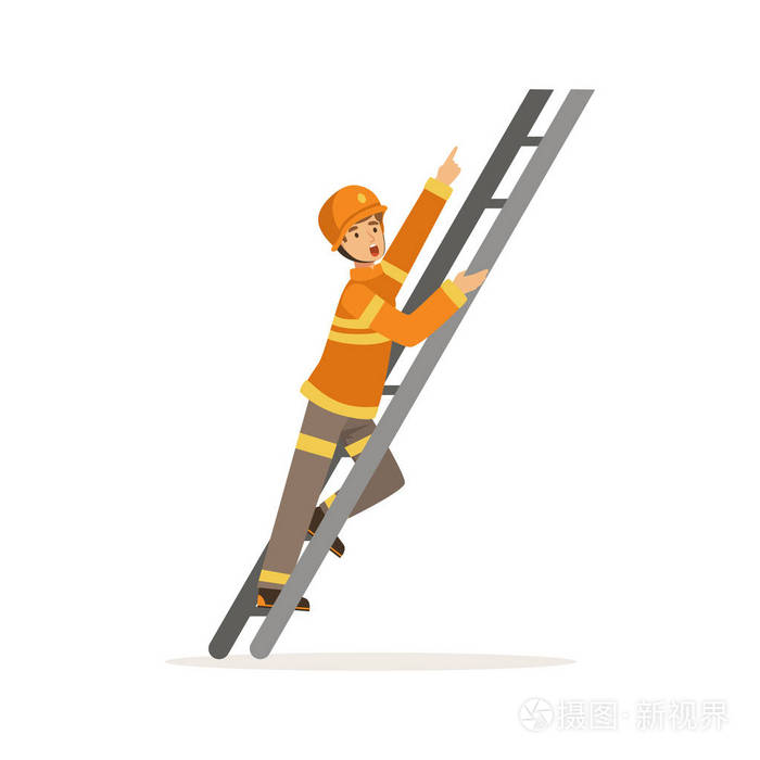 消防员爬下梯子,消防队员工作矢量插图的均匀和防护头盔中的字符